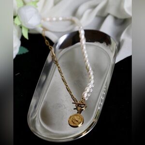 18K Gold Plated Freshwater pearl Necklace/ Half pearl Half Chain Necklace